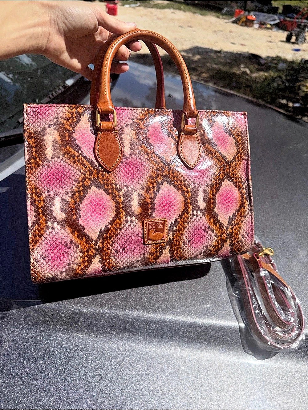 Dooney & Bourke Pink and Brown Python-Embossed Leather Janine Satchel